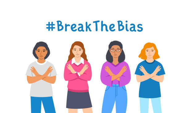 Break the bias women with crossed arms campaign Break the bias campaign. Diverse women stand in crossed arms pose to stop gender discrimination and fight stereotypes. People equality movement of 2022 International Women’s Day. Flat vector illustration breaking glass ceiling stock illustrations