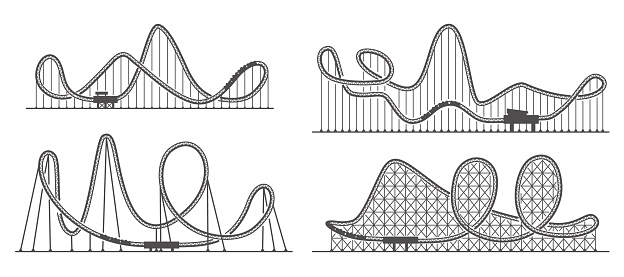 Rollercoaster silhouettes set. Ride track in amusement park. Scary attraction. Vector outline illustration