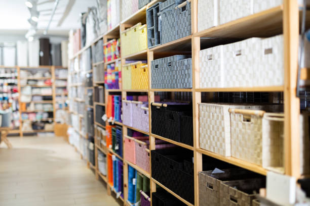 istock Hardware store shelves filled with boxes for linen closeup 1370545094