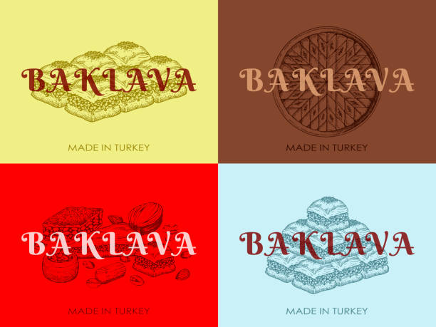 szkicowy zestaw rysunków tureckiego logo baklavy wyizolowany na kolorowym tle. ręcznie rysowane orientalne słodycze - mediterranean cuisine stock illustrations