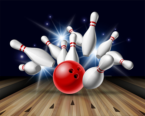 Red Bowling Ball crashing into the pins on bowling alley line. Illustration of bowling strike. Vector Template for poster of Sport competition or Tournament.