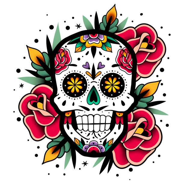 ilustraciones, im�ágenes clip art, dibujos animados e iconos de stock de cráneo de rosas mexicanas. cráneo de rosas mexicanas. ilustración vectorial. día de los muertos shugar cabeza colorida. - cráneo