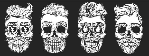 hipster hairstyles skulls set. Barber shop hipster skulls set. Vector illustration chalk Board. Hipster heads with glasses with modern hairstyles. Barber shop hipster skulls set. Vector illustration chalk Board. Hipster heads with glasses with modern hairstyles. head and shoulders logo stock illustrations