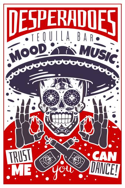 Mexican skull poster. Tequila bar mexican skull poster. Vector desperado vertical illustration. Sombrero head with skeleton hands with flames and bottles Tequila bar mexican skull poster. Vector desperado vertical illustration. Sombrero head with skeleton hands with flames and bottles head and shoulders logo stock illustrations