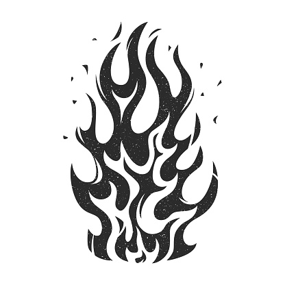 Vintage black and white stylized flame or fire isolated on white background. Vector illustration