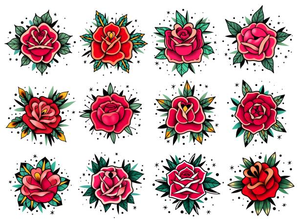 ilustrações, clipart, desenhos animados e ícones de coleção de rosas de tatuagem da velha escola. rosas de tatuagem da velha escola. coleção de elementos vetoriais. flores tradicionais de tatuagem americanas. - very old flash