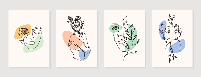 Modern abstract line minimalistic women faces arts set with different shapes for wall decoration, postcard or brochure cover design. Different woman faces. One line art. Vector illustrations design