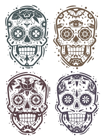 Mexican skulls set. Vector illustration. Dia de los muertos shugar monochrome stencil heads.