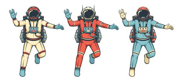 Astronaut flies with the Vulcan salute. Isolated retro cosmonaut in spacesuit. Vintage astronaut. Vector image.