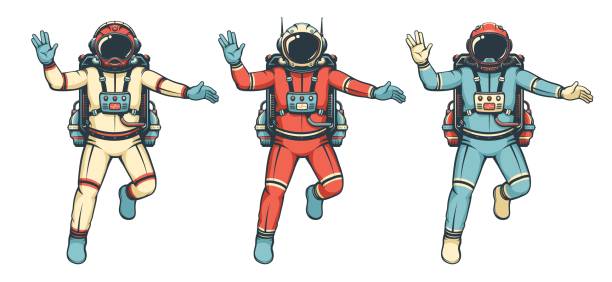 Astronaut flies with the Vulcan salute Astronaut flies with the Vulcan salute. Isolated retro cosmonaut in spacesuit. Vintage astronaut. Vector image. vulcan salute stock illustrations