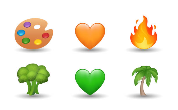 ilustrações de stock, clip art, desenhos animados e ícones de palette, orange and green heart, flame, broccoli, palm vector emoji illustration - emoticon ilustrações