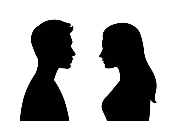 벡터 간단한 실루엣 또는 두 사람의 아이콘 - 여자와 서로 직면 남자 - 관계, 대화, 성별 - human head silhouette human face symbol stock illustrations