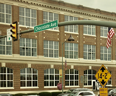 The street sign for Chocolate Ave in downtown Hershey Pennsylvania