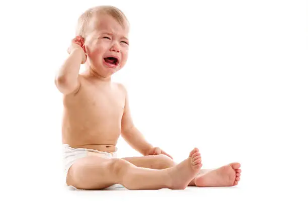 Photo of Upset little baby boy in diaper sitting and crying.