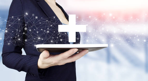 istock Benefit plus positive thing, personal development, growth concepts. Hand hold white tablet with digital hologram sign on light blurred background. 1370555981