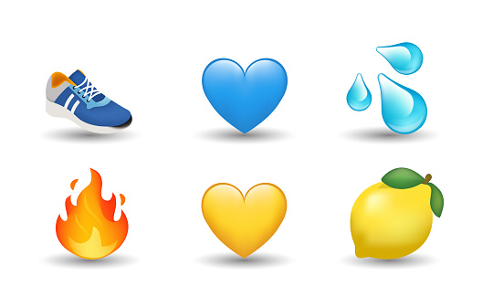 6 Emoticon isolated on White Background. Isolated Vector Illustration. Sneakers, water drop, yellow and blue heart, flame, lemon vector emoji illustration. 3d Illustration set.