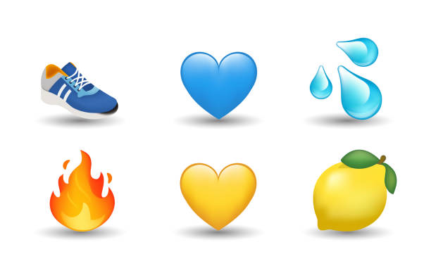 Sneakers, water drop, yellow and blue heart, flame, lemon vector emoji illustration 6 Emoticon isolated on White Background. Isolated Vector Illustration. Sneakers, water drop, yellow and blue heart, flame, lemon vector emoji illustration. 3d Illustration set. cartoon of the clothes line stock illustrations