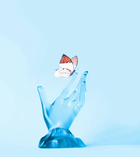 istock Hand holding a butterfly against a blue background. 1370556299