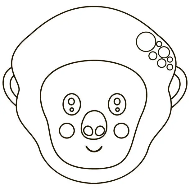 Vector illustration of Flat stylized black and white cute smiling cartoon face of a western gorilla. Cute monochrome head of African primate for an icon, coloring book, logotype. Vector.