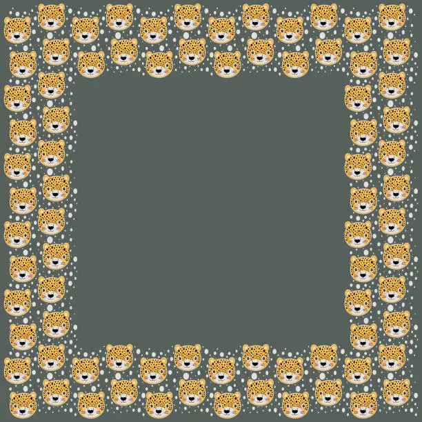 Vector illustration of The square frame of cute cartoon yellow faces of leopard. Template with a place for the text of stylized portraits of wild animals living in the jungle and oval spots on a gray background. Vector.
