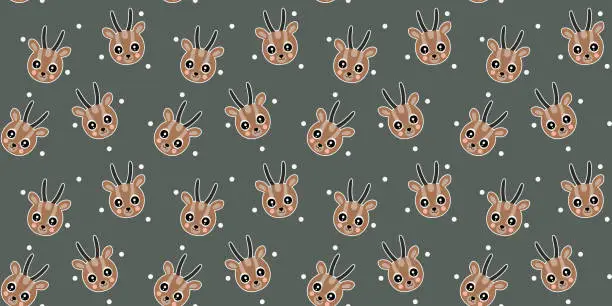 Vector illustration of Cartoon seamless pattern of cheerful baby dorcas gazelle heads, and white circles on a gray background. The endless texture of African cloven-hoofed animal faces. Vector.