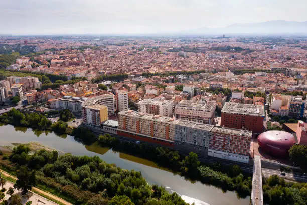 Aerial photo of Perpignan, France. View of Tet River and Theatre Archipelago.
