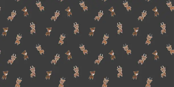 Vector illustration of Seamless pattern of smiling cartoon okapis, Dorcas gazelles, and bongo antelopes cubs with white strokes on a black background. Tropical cloven-hoofed animals. Vector.