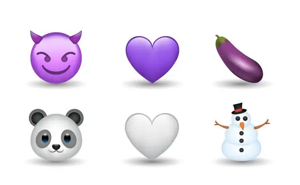 Vector illustration of Devil, eggplant, violet and white heart, panda, snowman vector emoji illustration