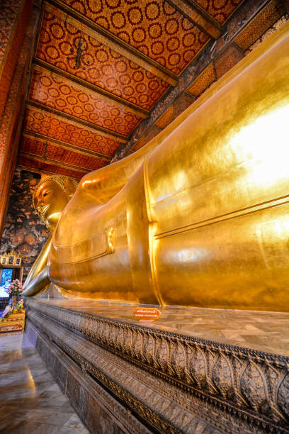 el buda reclinado en wat pho ,pho temple en bangkok, tailandia, asia - wat pho fotografías e imágenes de stock