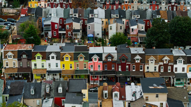 Aerial shot of streets of row houses in Reading, Pennsylvania on an overcast afternoon in Fall.\n   \nAuthorization was obtained from the FAA for this operation in restricted airspace.