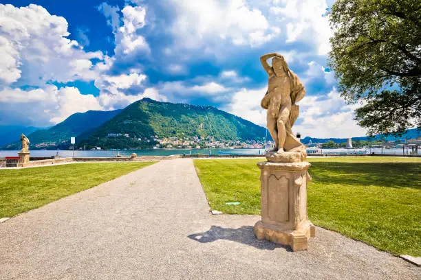 Town of Como public park near villa Olmo view, Como lake waterfront, Lombardy region of Italy
