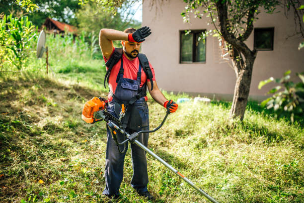 Young tired man cutting grass with weed trimmer