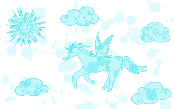 illustrazioni stock, clip art, cartoni animati e icone di tendenza di unicorno turchese con le ali. sketch doodle nuovo - sketch contemporary black ink