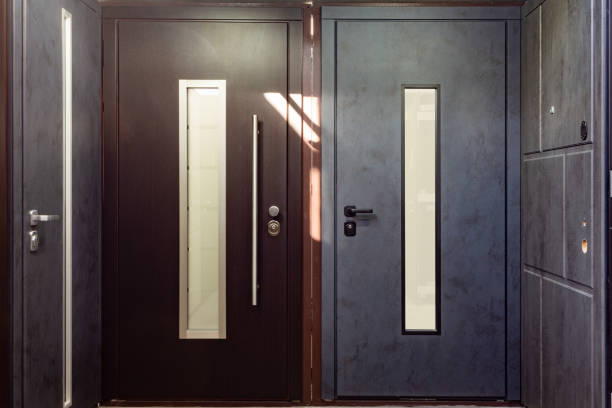 istock Entrance doors for sale in a specialized store. 1370573248