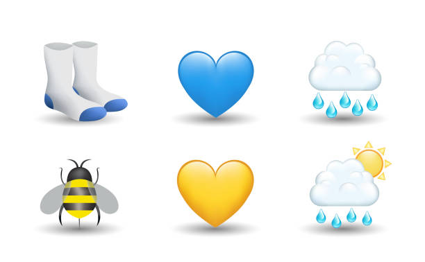 Socks, cloud with raindrop, yellow and blue heart, bee, cloud with sun vector emoji illustration 6 Emoticon isolated on White Background. Isolated Vector Illustration. Socks, cloud with raindrop, yellow and blue heart, bee, cloud with sun vector emoji illustration. 3d Illustration set. bee water stock illustrations