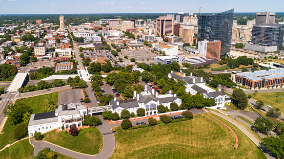 Aerial view of Downtown Richmond business and financial district over the Gamblers Hill Park, Richmond, Virginia, on a sunny day.