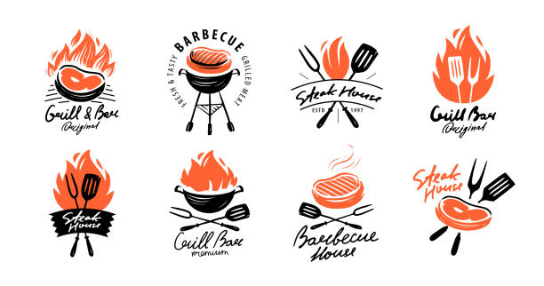 bbq-emblem-set für restaurant- oder café-menü. grillbar, grillgutkonzept - grill zubereitung stock-grafiken, -clipart, -cartoons und -symbole