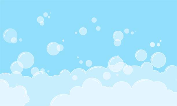 foam and soap bubbles. shampoo for washing in the bathroom. bright blue background with rounded shapes. vector illustration. - 泡泡 圖片 幅插畫檔、美工圖案、卡通及圖標