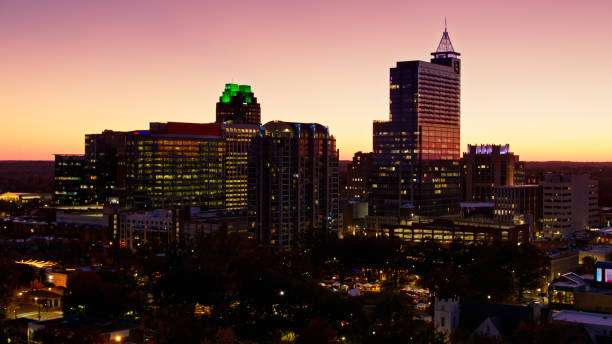 istock Illuminated Buildings in Raleigh, NC After Sunset - Aerial 1370580606