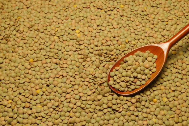 istock Green lentils scattered close-up with a spoon. 1370580719
