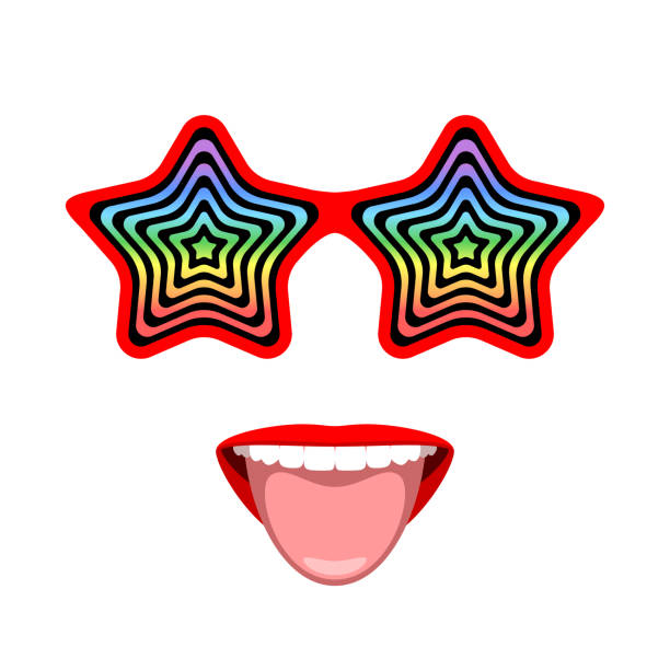 Funny glasses with hypnotic pattern and mouth with tongue sticking out vector art illustration