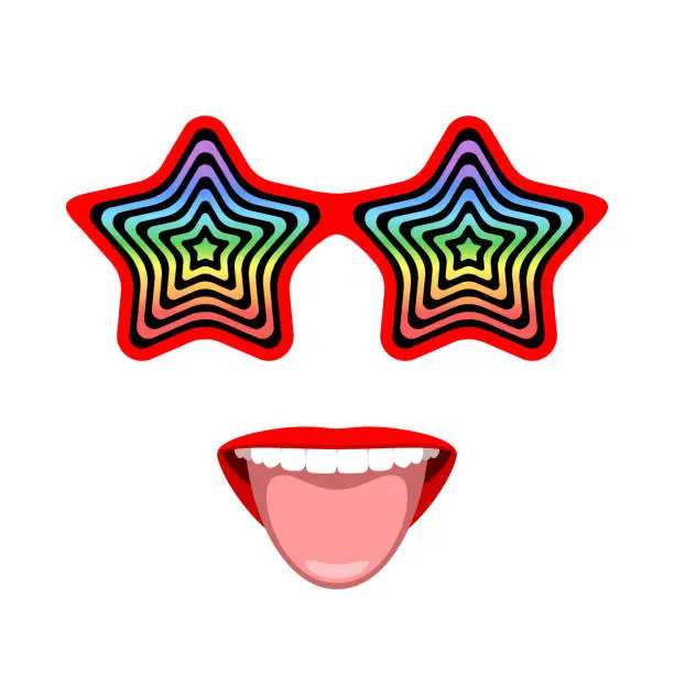 Vector illustration of Funny glasses with hypnotic pattern and mouth with tongue sticking out