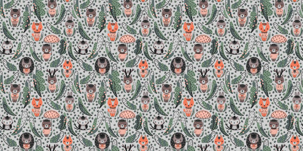 istock Seamless pattern with cute cartoon forest animals, fir trees, plants, leaves on a light gray background. Deer, hares, squirrels, beavers, owls, foxes, bears, hedgehogs in pink sweaters. Vector. 1370581650