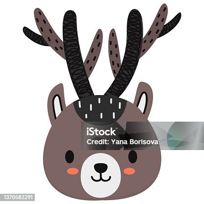 istock Little cute cartoon deer face on a white background. For the design of children's clothing, print on a t-shirt, sticker, nursery decor. Vector. 1370582291
