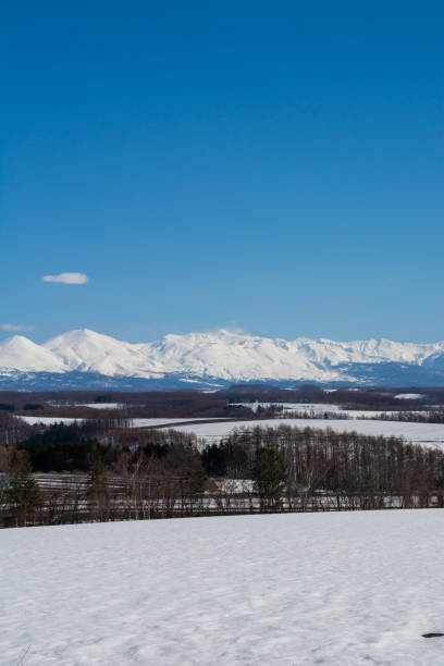 istock Upland field where snow remains and snowy mountains 1370588105