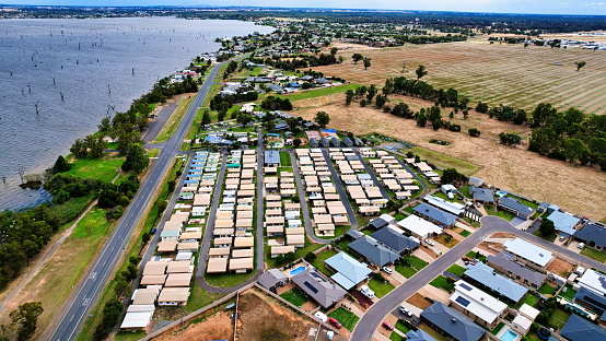 Aerial view of caravan park and new housing estate in Mulwala NSW Australia