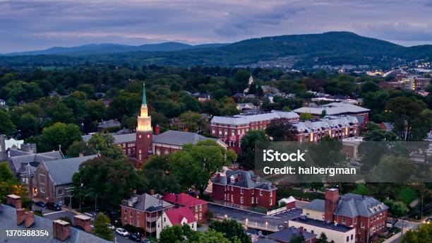 High Aerial Shot Of Downtown Charlottesville Virginia With Market Street Park Stock Photo - Download Image Now