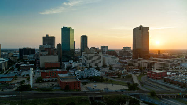 istock Sun Setting Behind Fort Worth Skyline - Aerial 1370589350