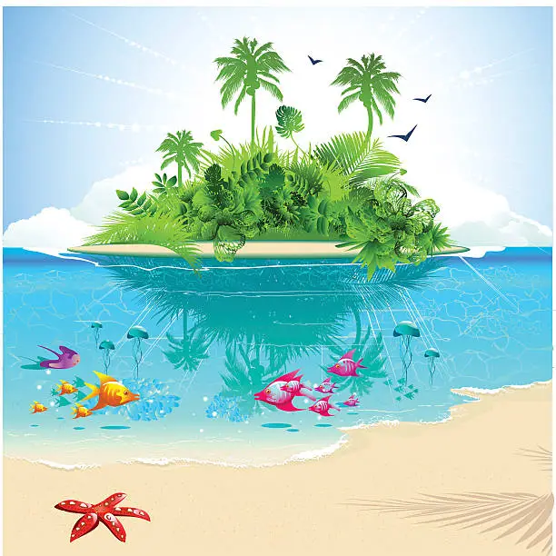 Vector illustration of Cartoon of ocean and island with tropical fish and greenery