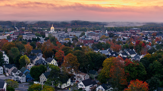 Aerial shots of the New Hampshire State House in Concord at sunrise on a misty morning in Fall.  

Authorization was obtained from the FAA for this operation in restricted airspace.